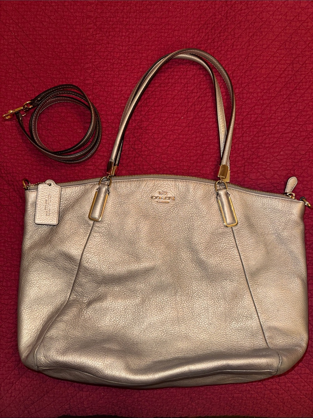 Coach Metallic Pewter Leather Tote with Detachable Strap